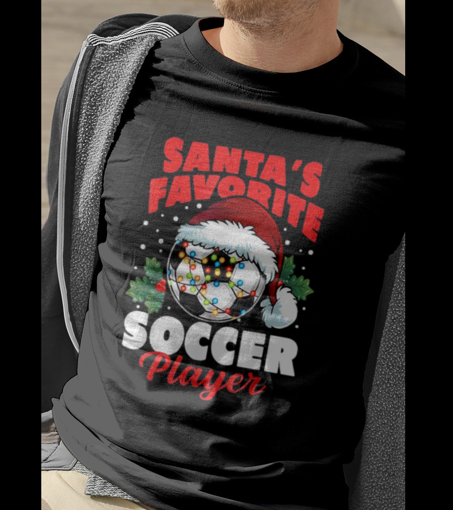 Santa's Favorite Soccer Player Christmas Pajama Xmas Soccer Ball And Santa Hat T-Shirt