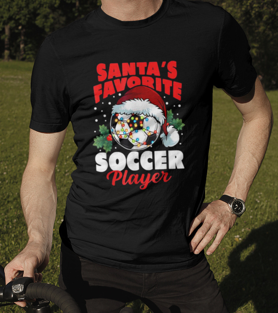 Santa's Favorite Soccer Player Christmas Pajama Xmas Soccer Ball And Santa Hat T-Shirt
