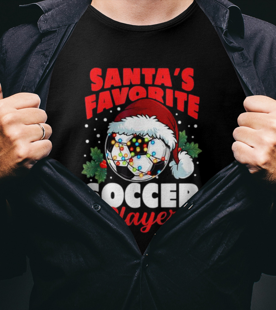 Santa's Favorite Soccer Player Christmas Pajama Xmas Soccer Ball And Santa Hat T-Shirt