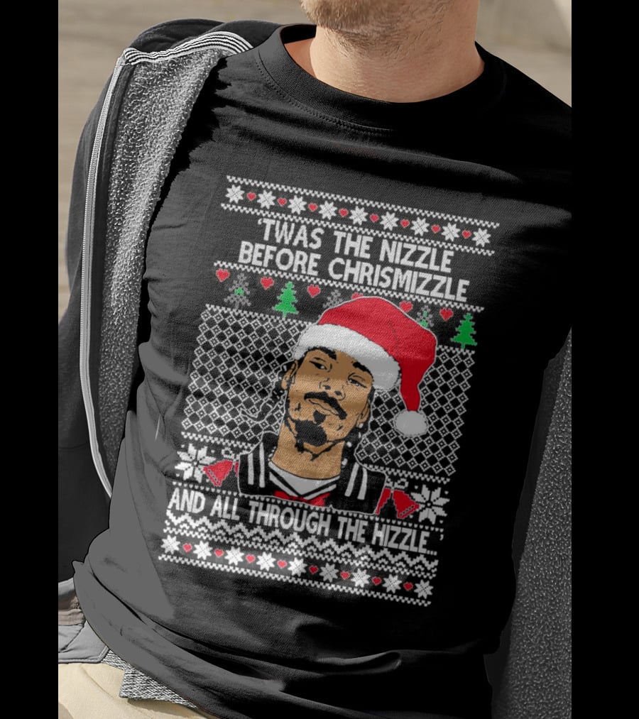 Snoop Dogg Twas The Nizzle Before Chrismizzle Santa Hat Pattern Christmas T-Shirt
