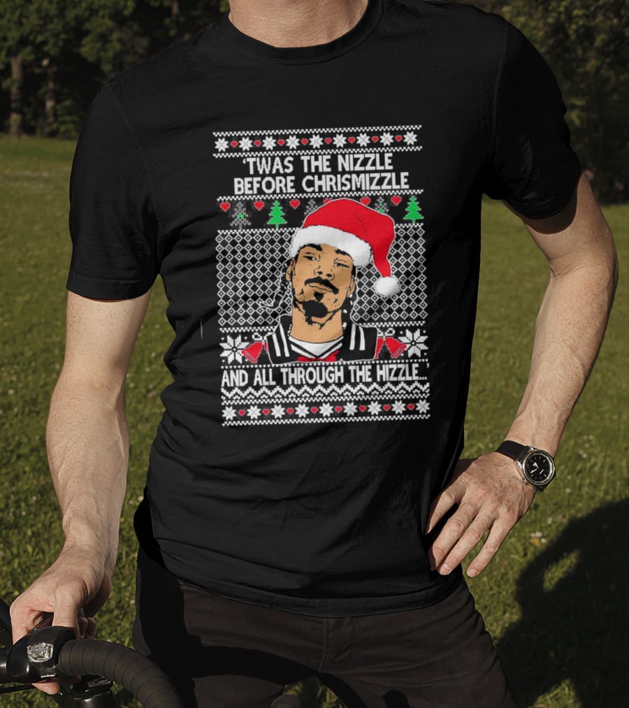 Snoop Dogg Twas The Nizzle Before Chrismizzle Santa Hat Pattern Christmas T-Shirt