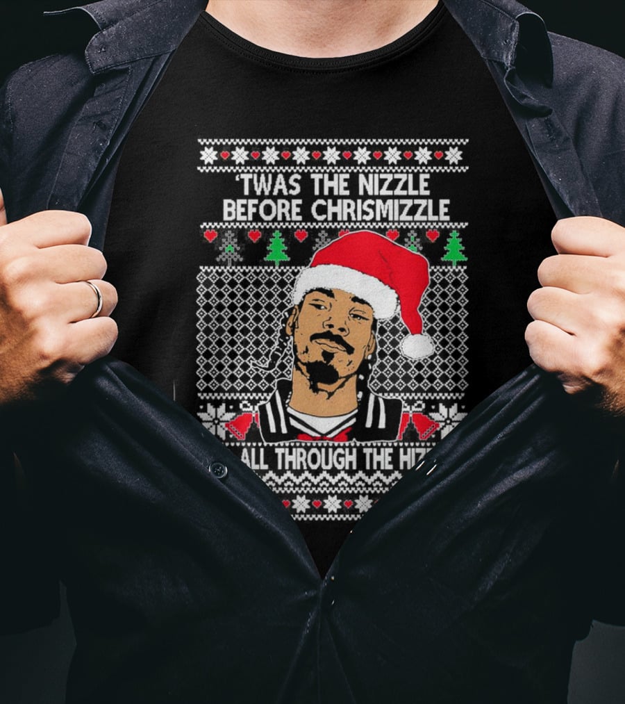 Snoop Dogg Twas The Nizzle Before Chrismizzle Santa Hat Pattern Christmas T-Shirt