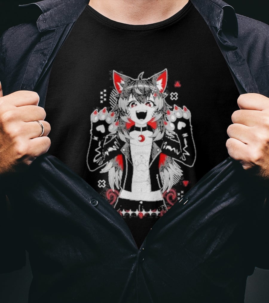 Kiba Nanobites Paws Up Anime Wolf Character With Red And White Details T-Shirt