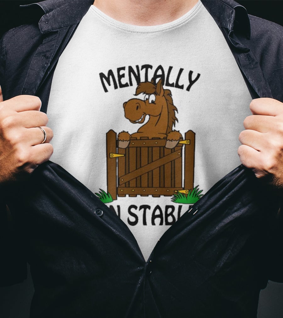 Mentally In Stable Cartoon Horse Gate Humorous T-Shirt