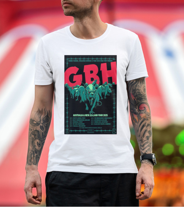 Premium T-Shirt: GBH Australia and New Zealand Tour 2025 Vinnies Touring Skullswar Booking Punk Rock Road Trips T-Shirt GBH Australia and New Zealand Tour 2025 Vinnies Touring Skullswar Booking Punk Rock Road Trips T-Shirt