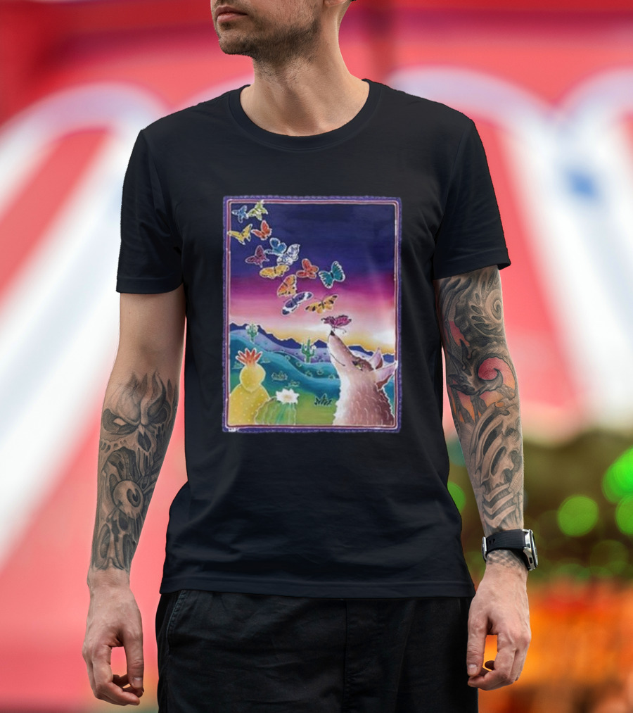 Jimmorris Smiles At Nature’s Wonders Colorful Desert Landscape With Coyote and Butterflies T-Shirt