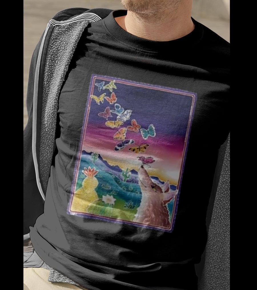 Jimmorris Smiles At Nature’s Wonders Colorful Desert Landscape With Coyote And Butterflies T-Shirt