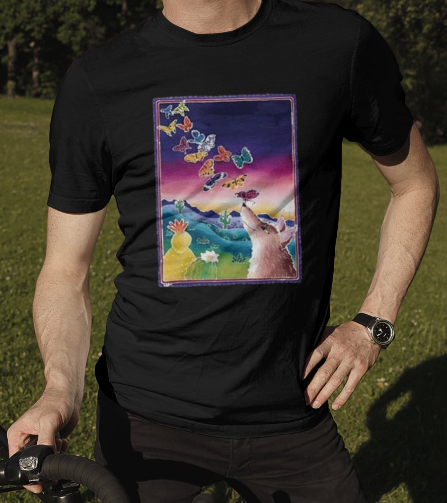 Jimmorris Smiles At Nature’s Wonders Colorful Desert Landscape With Coyote And Butterflies T-Shirt