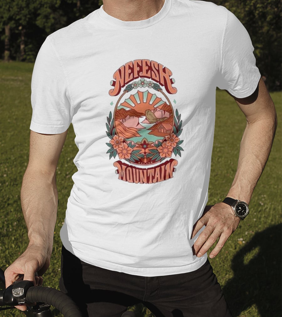 Nefesh Mountain Sunrise Scene With Cabin And Flowers T-Shirt