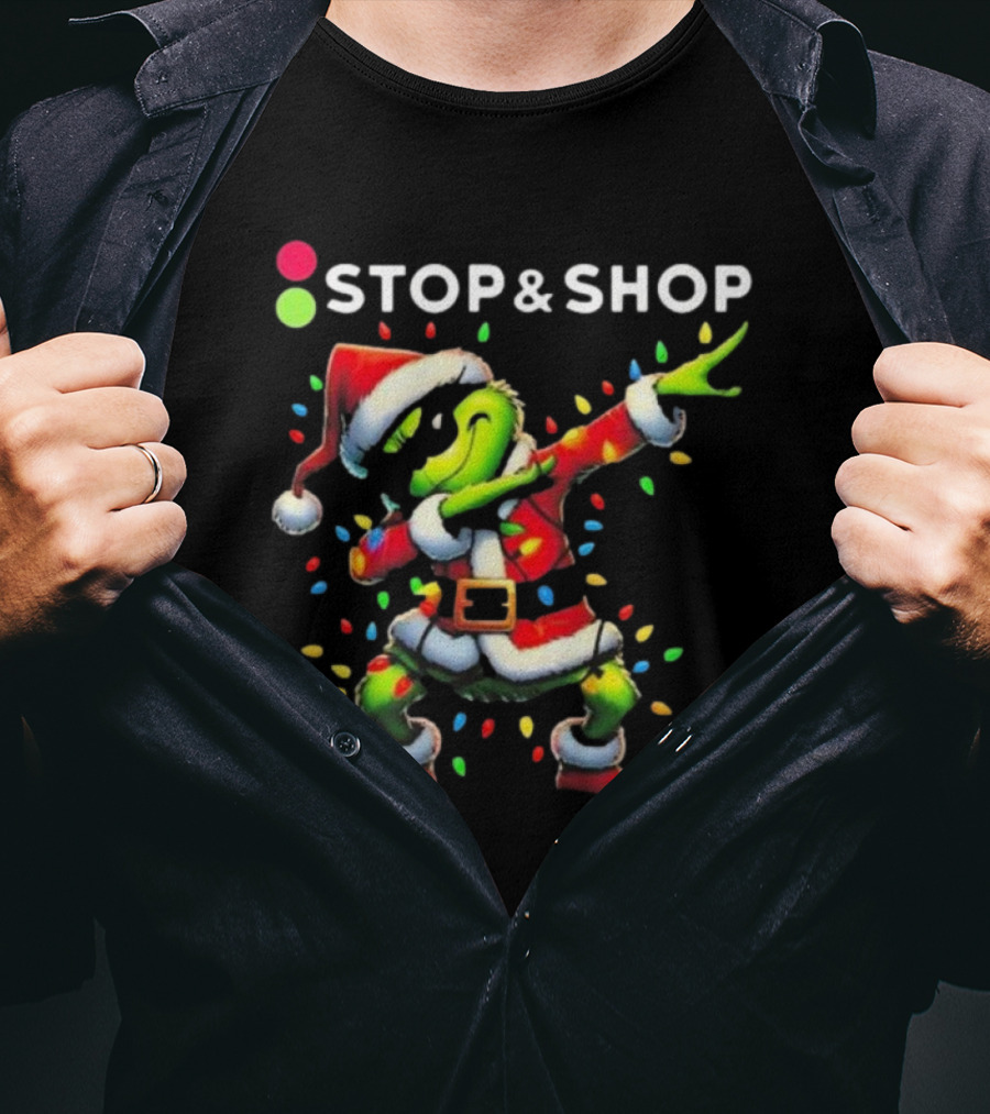 Stop And Shop Grinch Dabbing Santa Lights Merry Christmas T-Shirt