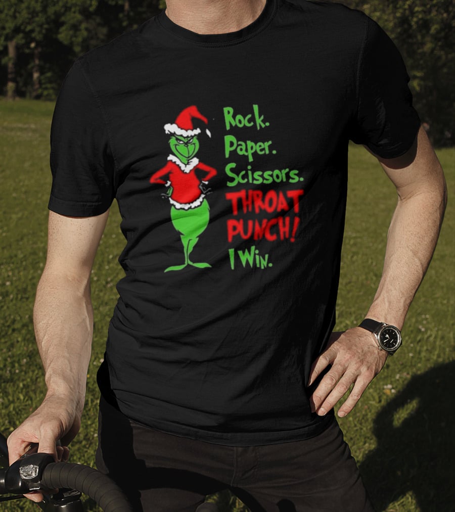 Grinch Rock Paper Scissors Throat Punch I Win Merry Christmas T-Shirt