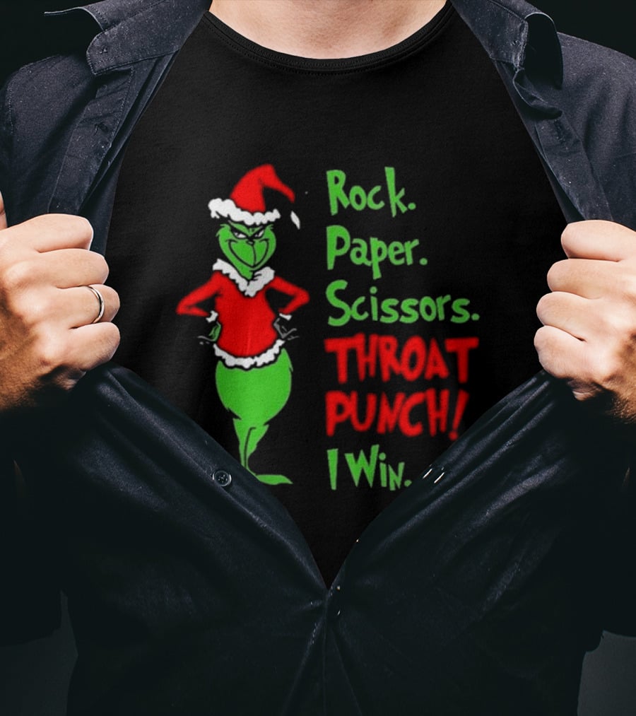 Grinch Rock Paper Scissors Throat Punch I Win Merry Christmas T-Shirt