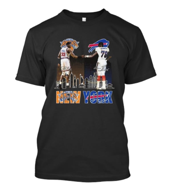 New York Knicks Buffalo Bills Cityscape Collaboration With Ewing And Smith Signatures T-Shirt