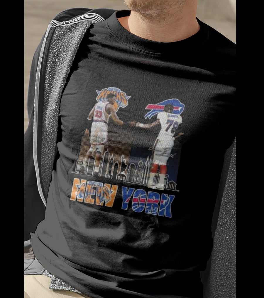 New York Knicks Buffalo Bills Cityscape Collaboration With Ewing And Smith Signatures T-Shirt