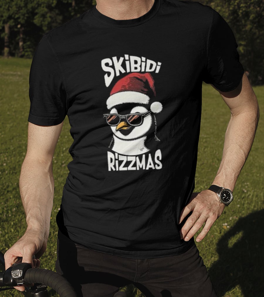 Skibidi Rizzmas Christmas Penguin With Santa Hat And Sunglasses T-Shirt