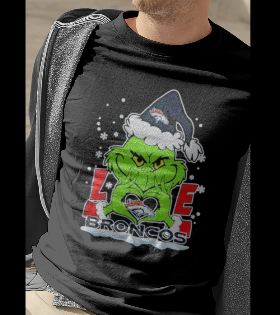 The Grinch Love Denver Broncos Christmas Football T-Shirt