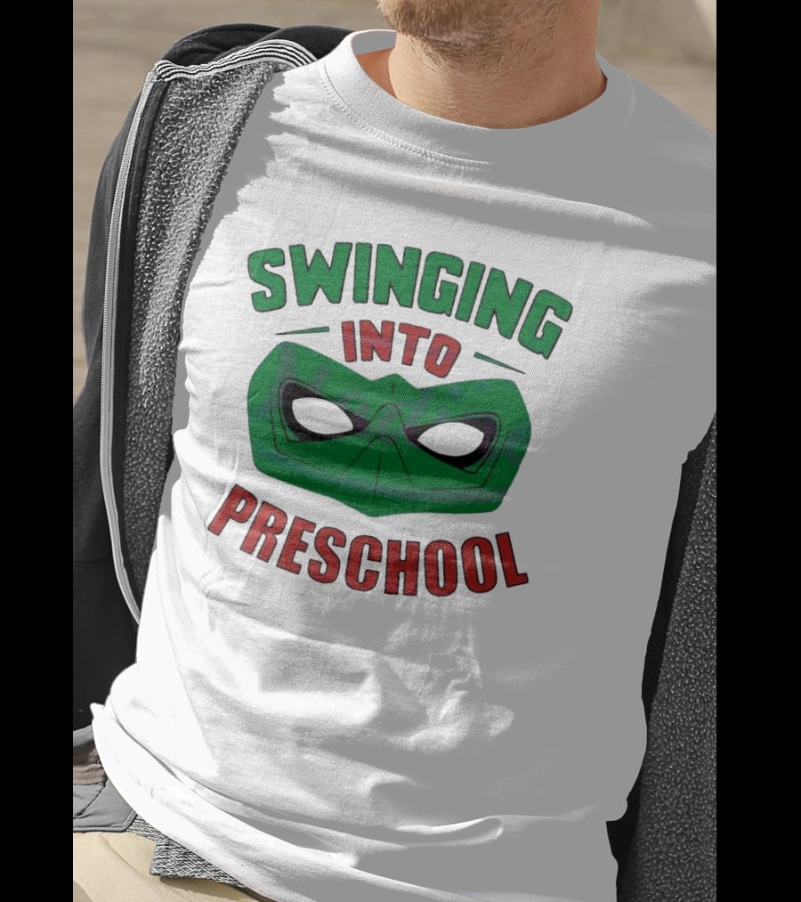 Swinging Into Preschool Green Superhero Mask T-Shirt