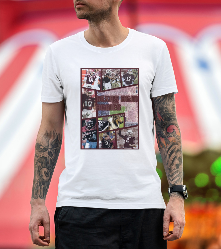 Texas A&M Aggies Football Collage Featuring Players and Mascot T-Shirt