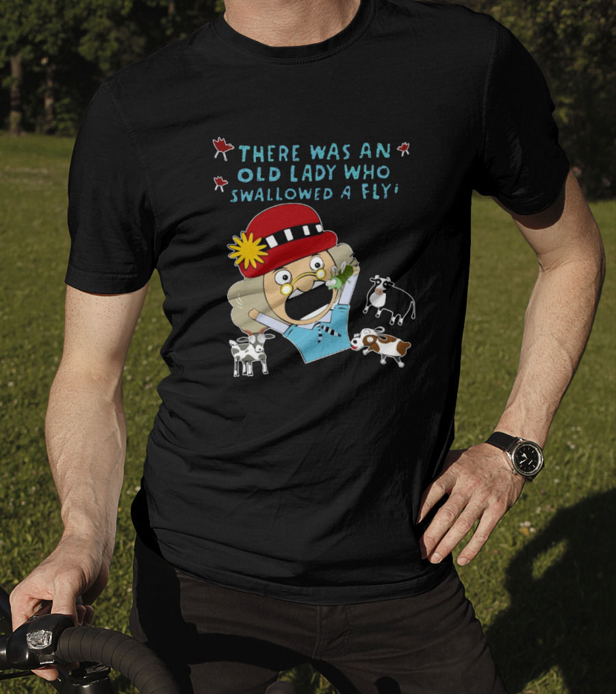 There Was An Old Lady Who Swallowed A Fly Black Funny Cartoon With Animals T-Shirt