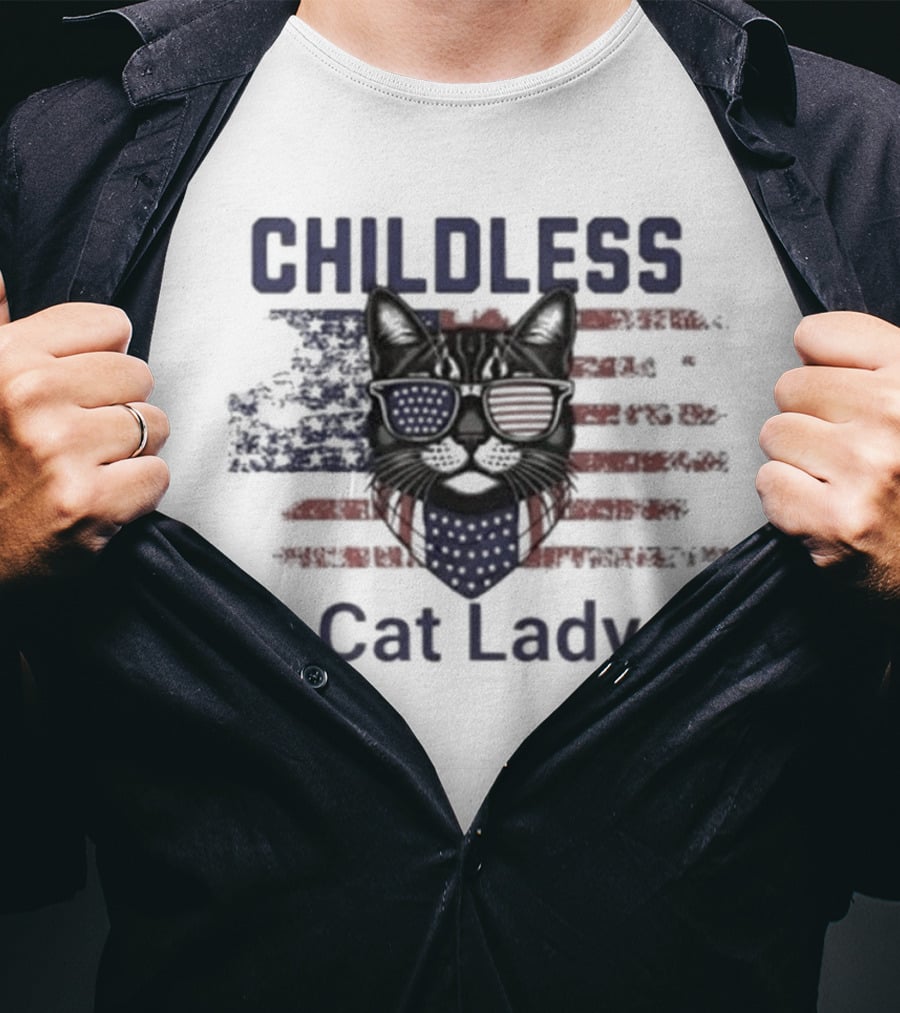 Childless Cat Lady Patriotic American Flag Cat With Sunglasses T-Shirt