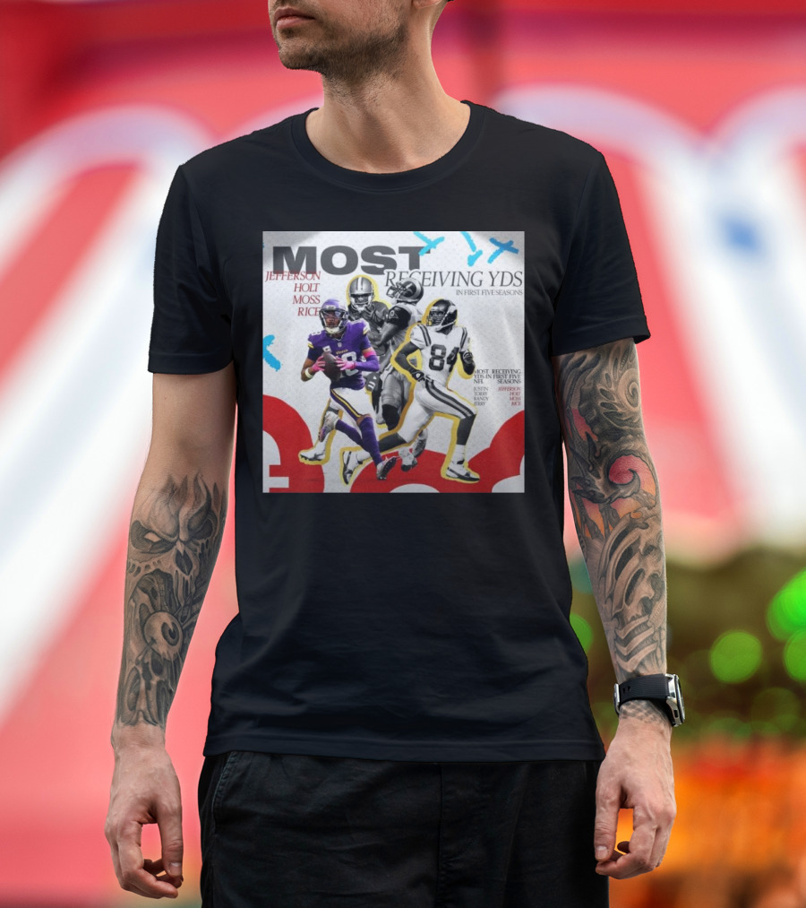 Justin Jefferson Most Receiving Yards In First Five Seasons Jefferson Holt Moss Rice Minnesota Vikings T-Shirt