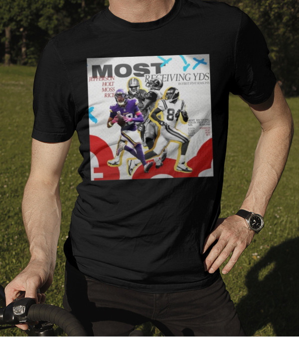 Justin Jefferson Most Receiving Yards In First Five Seasons Jefferson Holt Moss Rice Minnesota Vikings T-Shirt