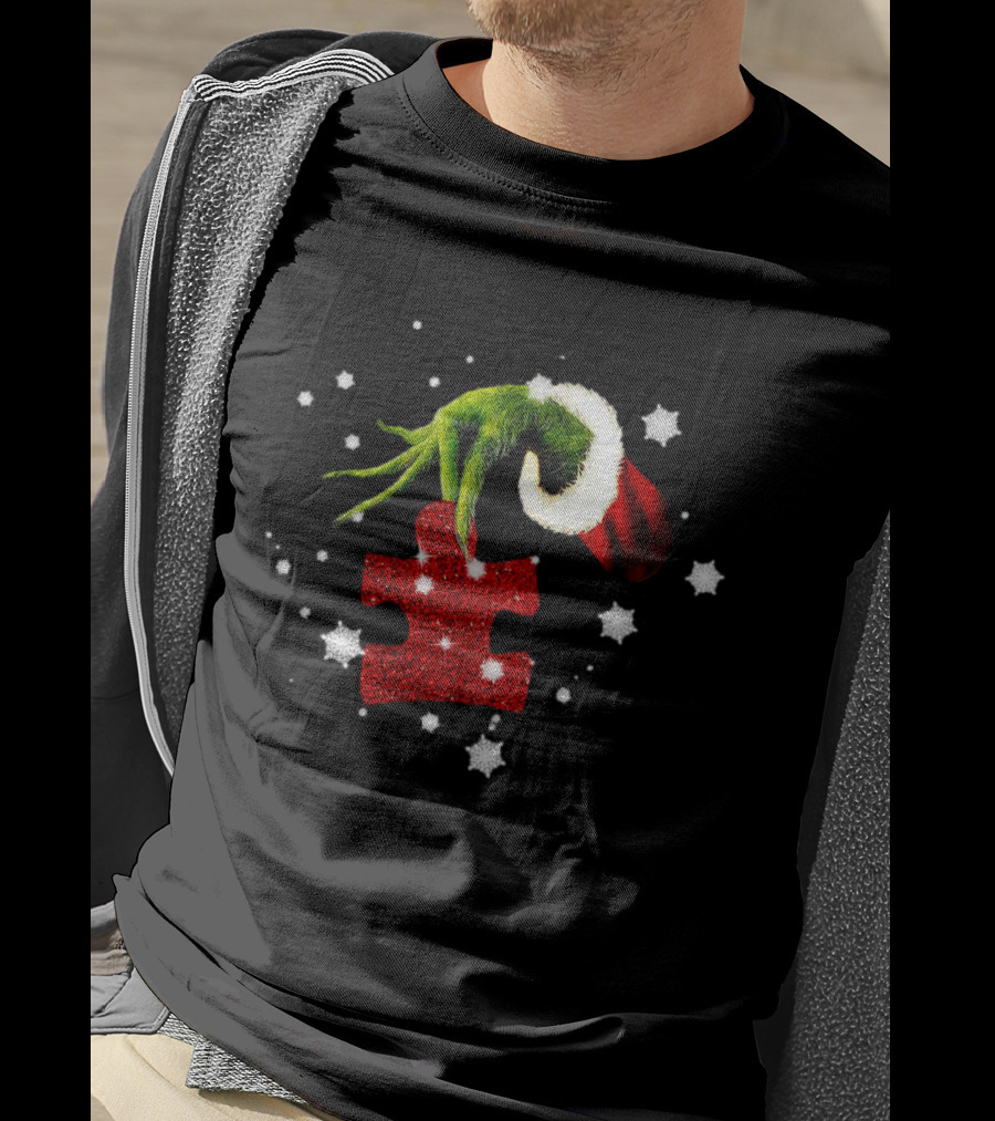 Grinch Hand Holding Red Glitter Puzzle Piece Autism Christmas Snowflakes T-Shirt