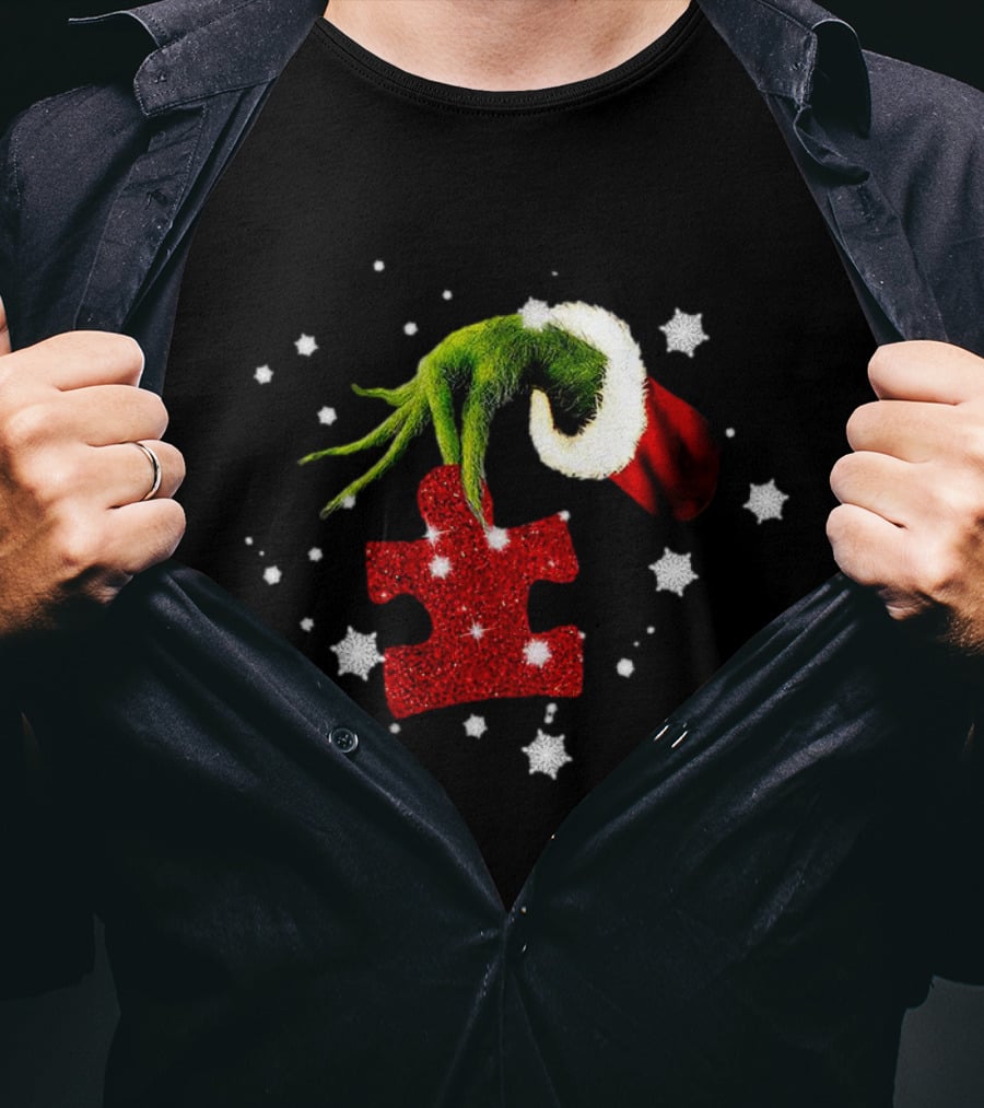 Grinch Hand Holding Red Glitter Puzzle Piece Autism Christmas Snowflakes T-Shirt