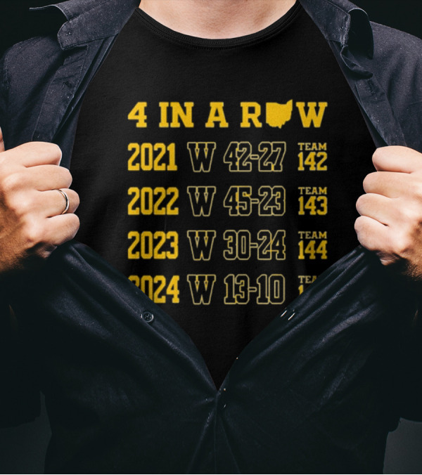 4 In A Row 2021-2024 Michigan Wolverines W 42-27 W 45-23 W 30-24 W 13-10 Team 145 T-Shirt