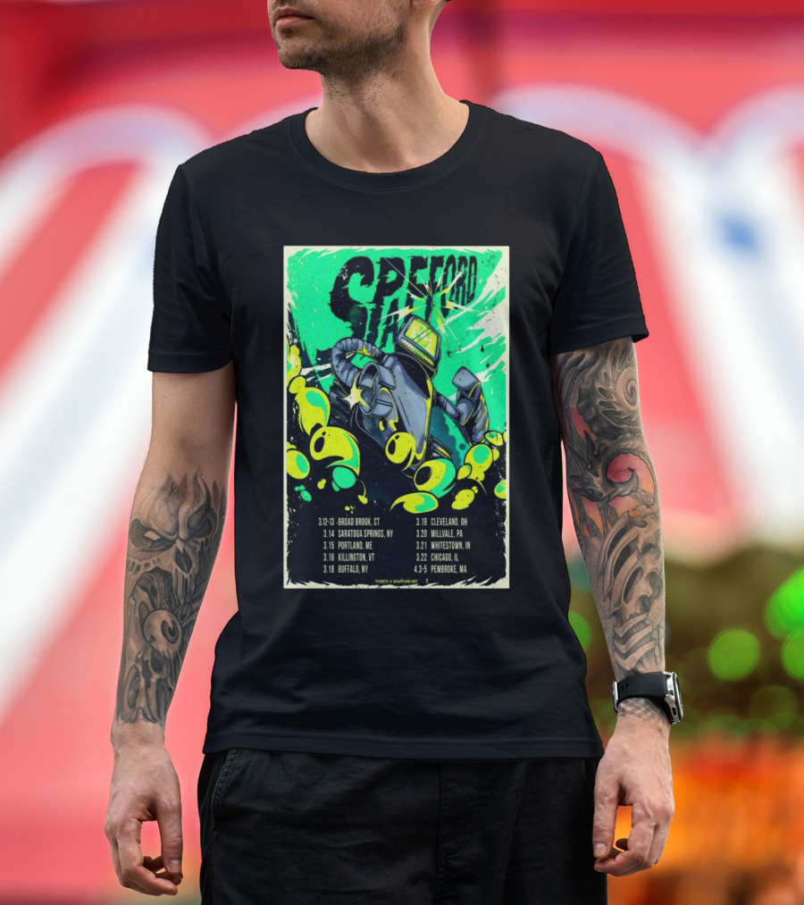 Spafford Tour 2025 Robot Poster with Dates Including Broad Brook CT and Saratoga Springs NY T-Shirt