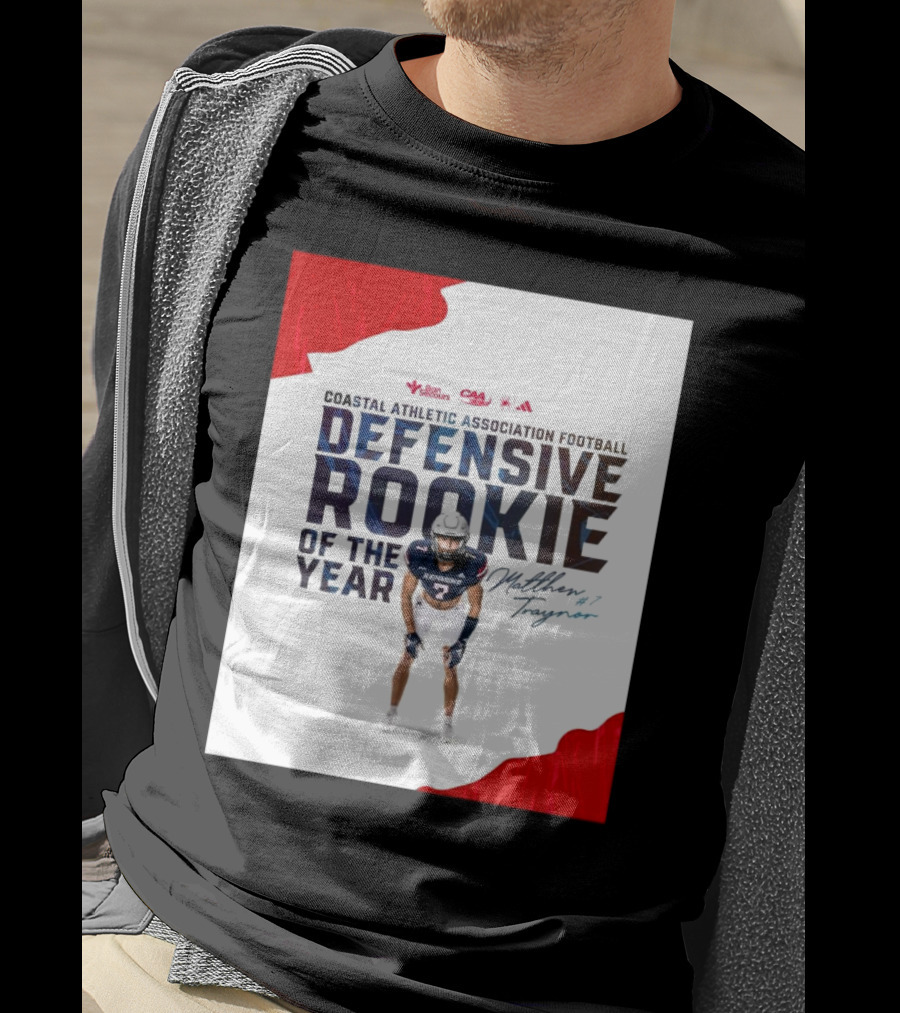 Coastal Athletic Association Football Defensive Rookie Of The Year Matthew Traynor Signature Richmond #2 Red Blue White Football Graphics T-Shirt