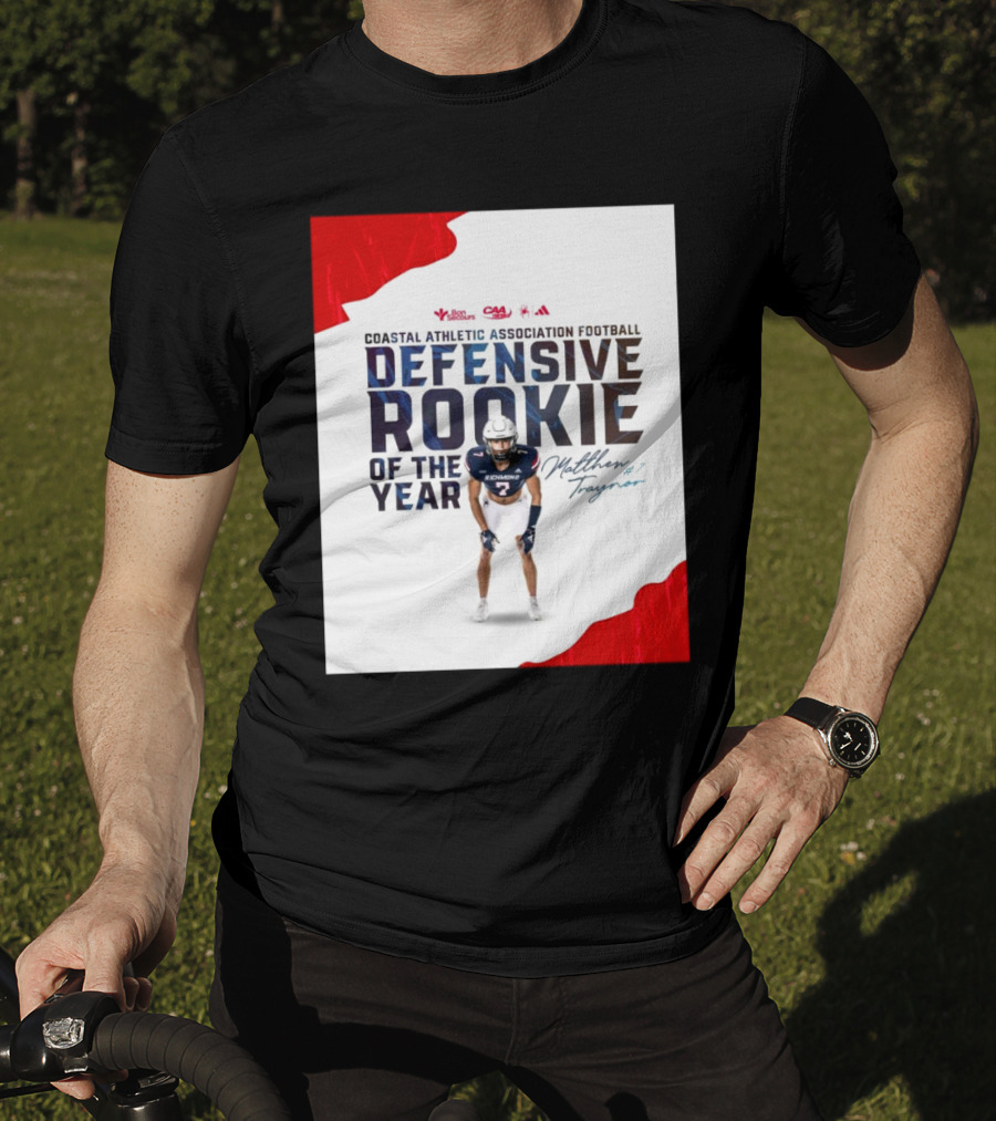 Coastal Athletic Association Football Defensive Rookie Of The Year Matthew Traynor Signature Richmond #2 Red Blue White Football Graphics T-Shirt