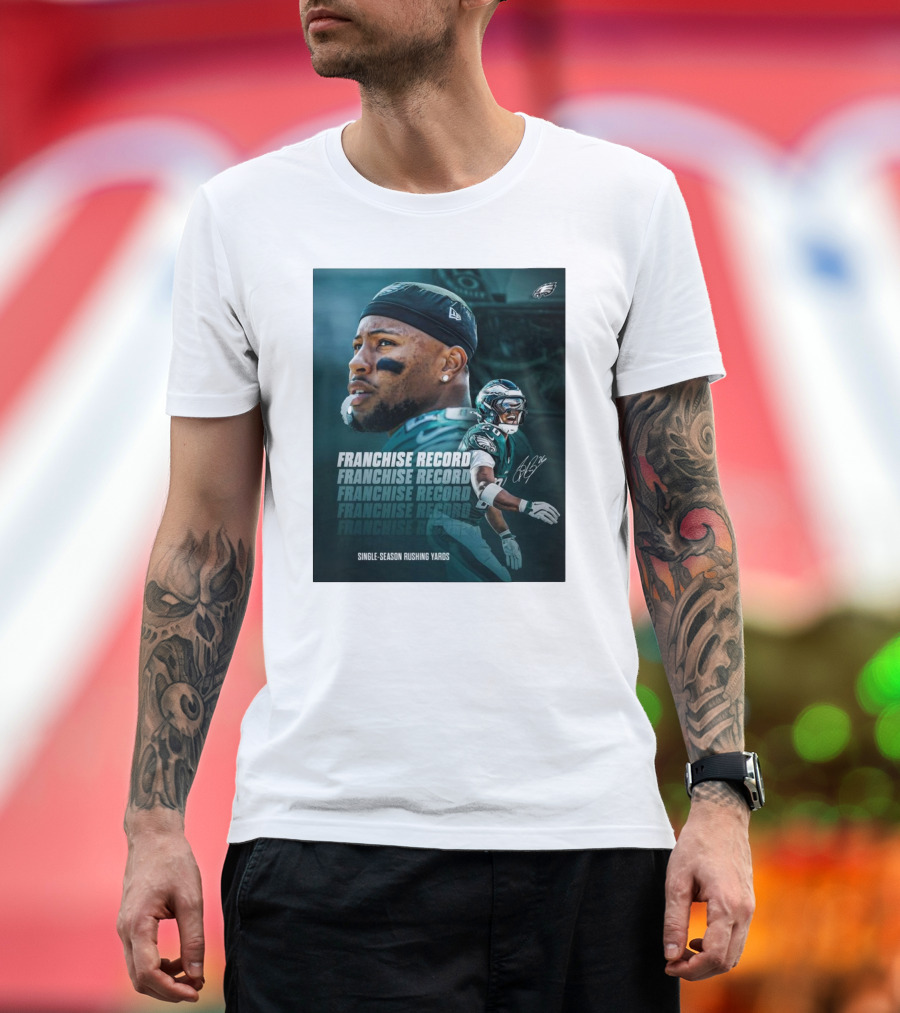 Philadelphia Eagles Franchise Record Single-Season Rushing Yards Saquon Barkley Signature T-Shirt