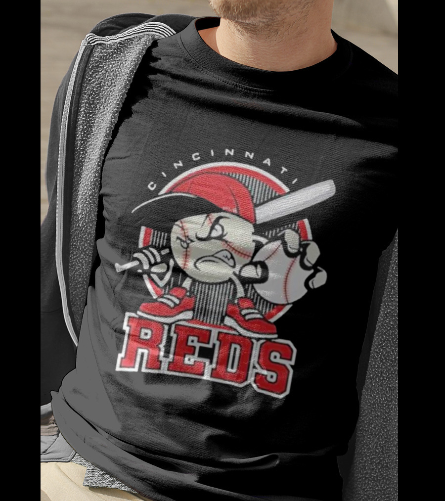 Cincinnati Reds Retro Baseball Character With Cap And Bat T-Shirt