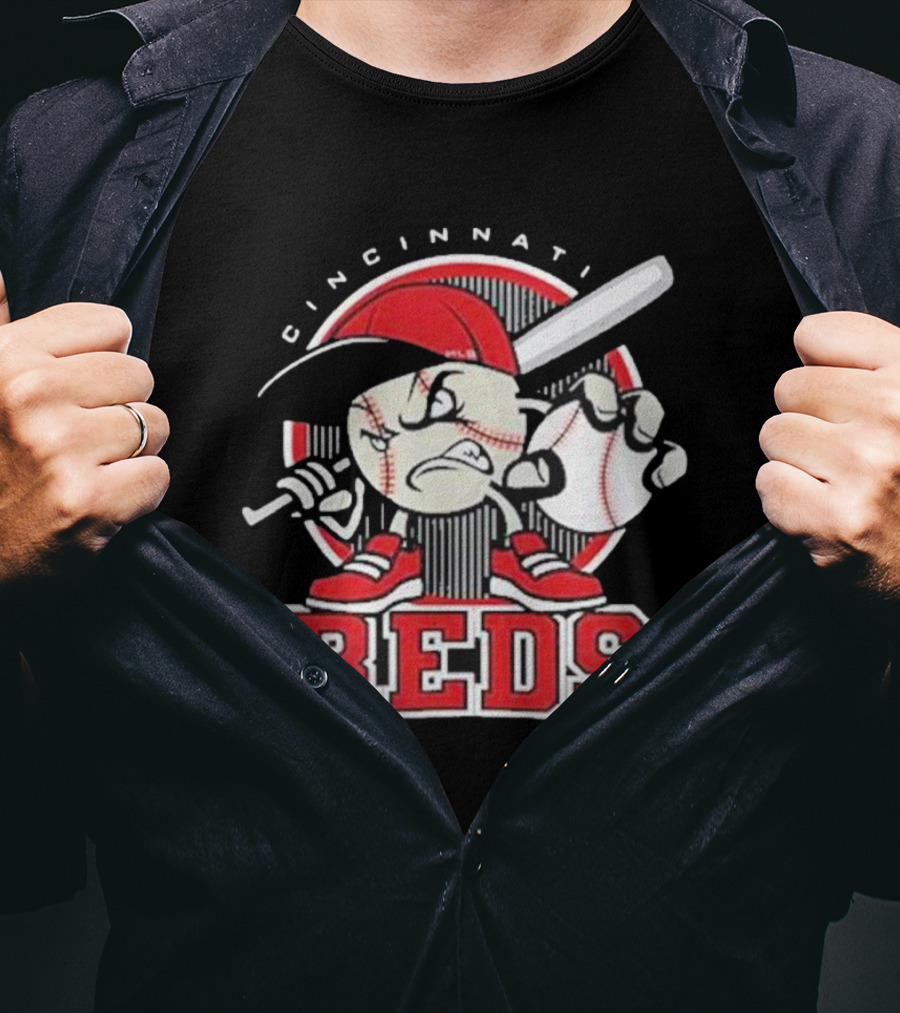 Cincinnati Reds Retro Baseball Character With Cap And Bat T-Shirt