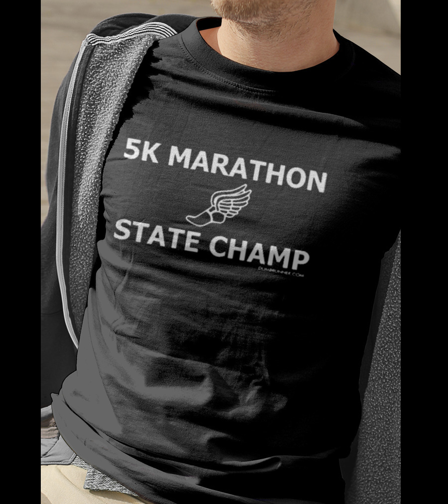 Kofuzi Wearing 5K Marathon State Champ Winged Shoe T-Shirt