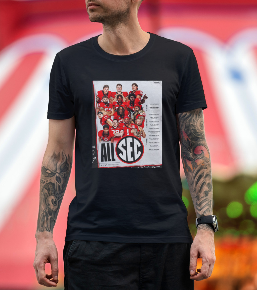 Georgia Bulldogs 2024 Football All SEC First Team Tate Ratledge Beau Gardner Peyton Woodring T-Shirt