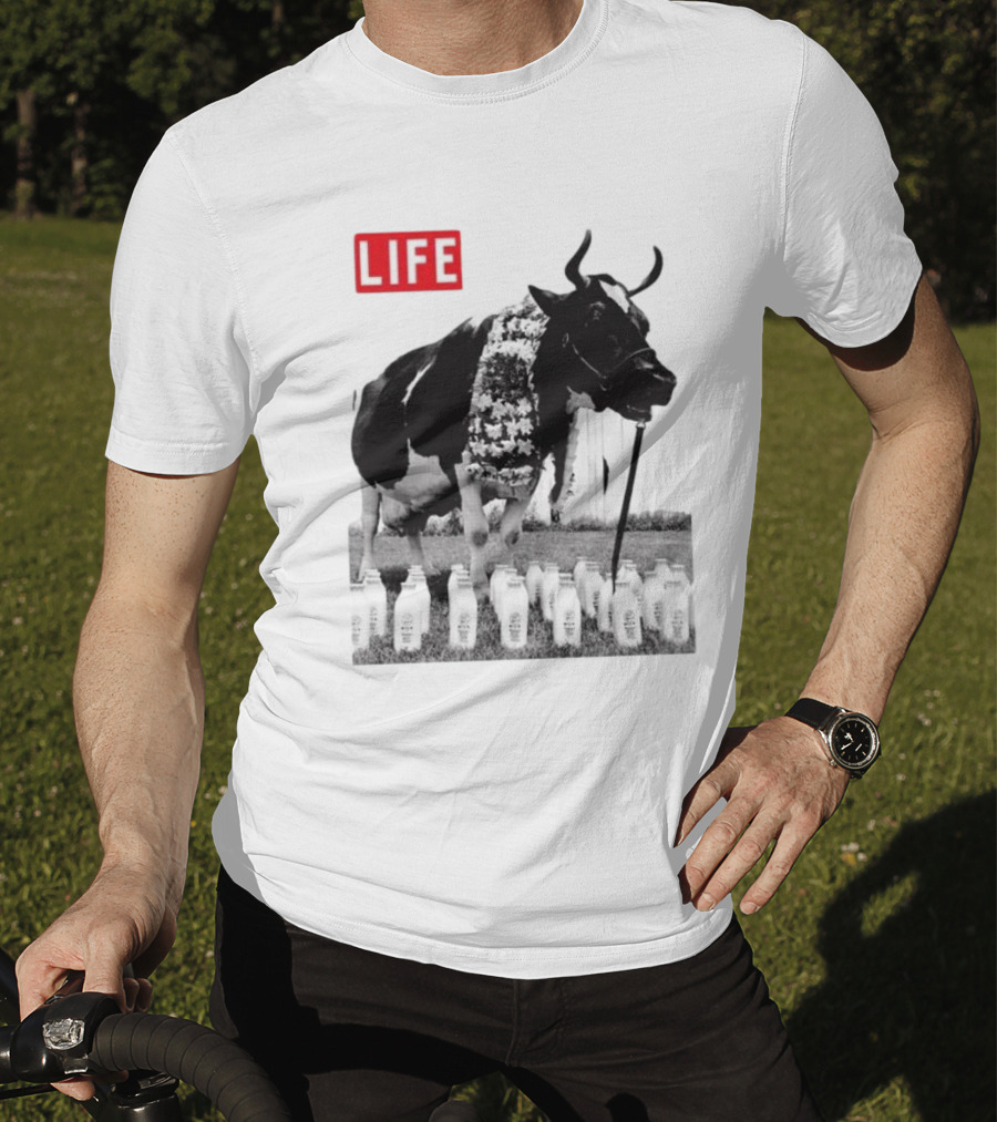 Life Magazine Cow With Milk Bottles And Floral Garland T-Shirt