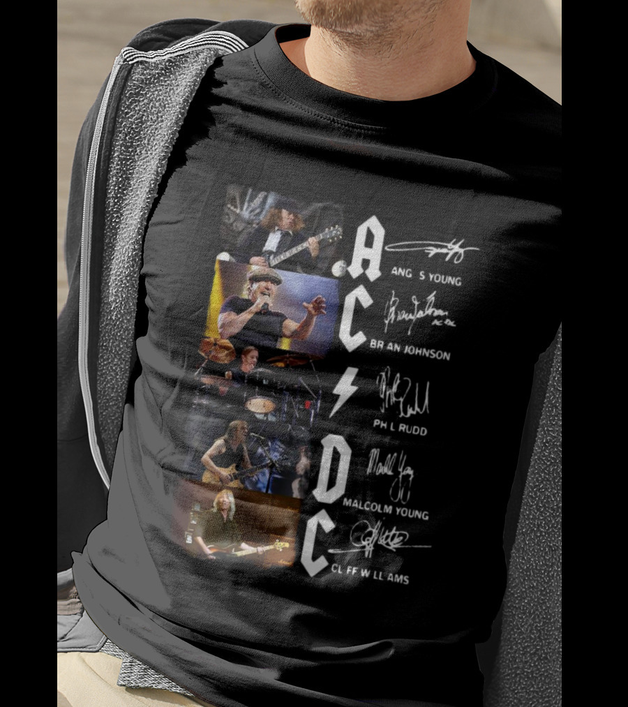 AC DC Angus Young Brian Johnson Phil Rudd Malcolm Young Cliff Williams Signatures Photos T-Shirt