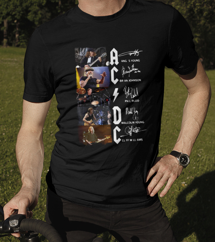 AC DC Angus Young Brian Johnson Phil Rudd Malcolm Young Cliff Williams Signatures Photos T-Shirt