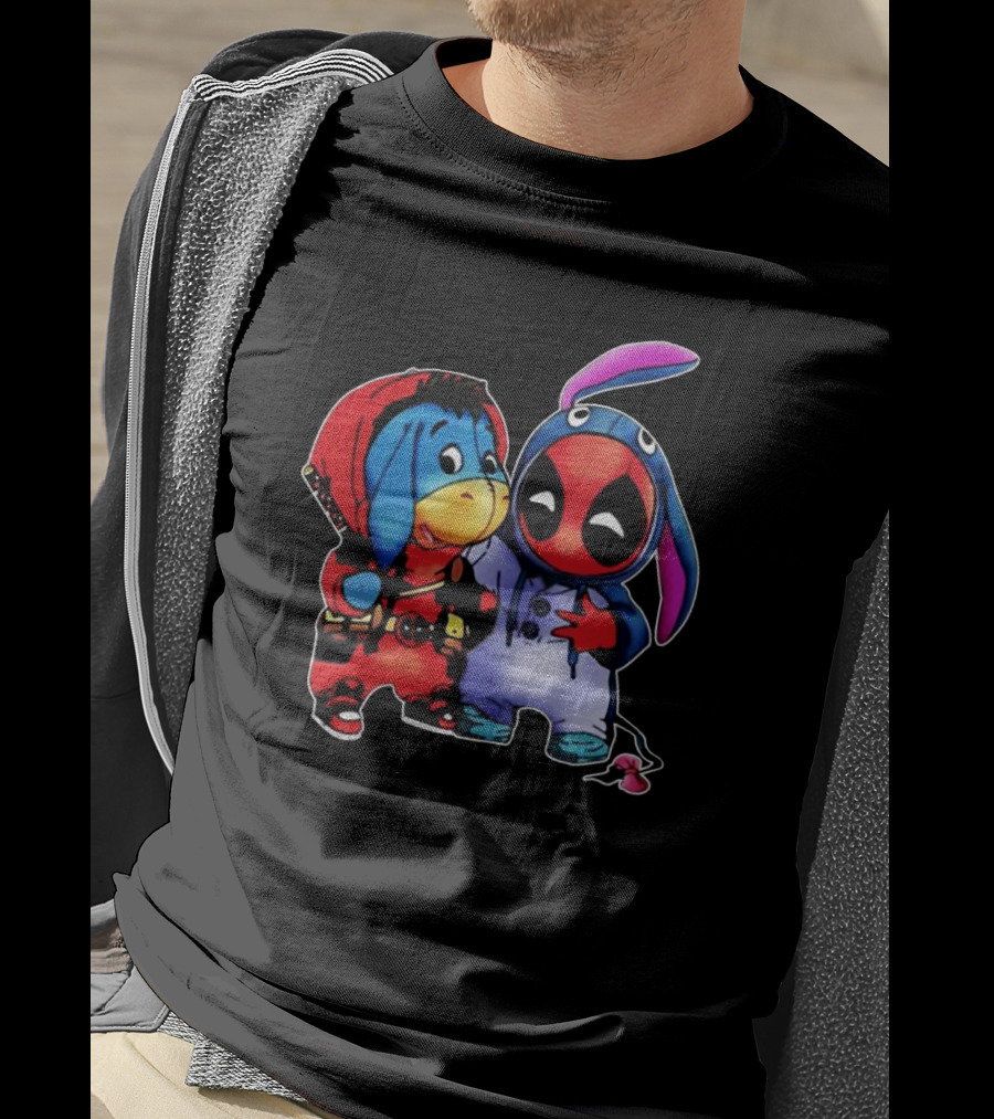 Baby Donkey And Deadpool In Cosplay Onesies With Bunny Ears And Red T-Shirt