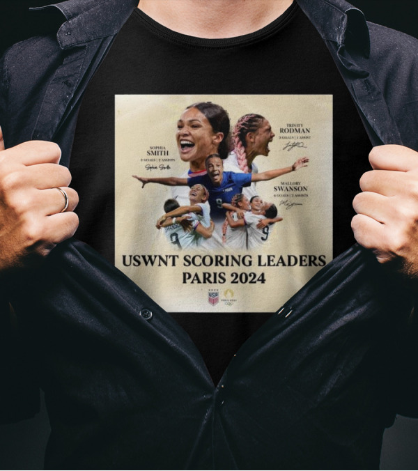 USWNT Scoring Leaders Paris 2024 Sophia Smith Trinity Rodman Mallory Swanson Signatures 7 Goals 3 Assists T-Shirt