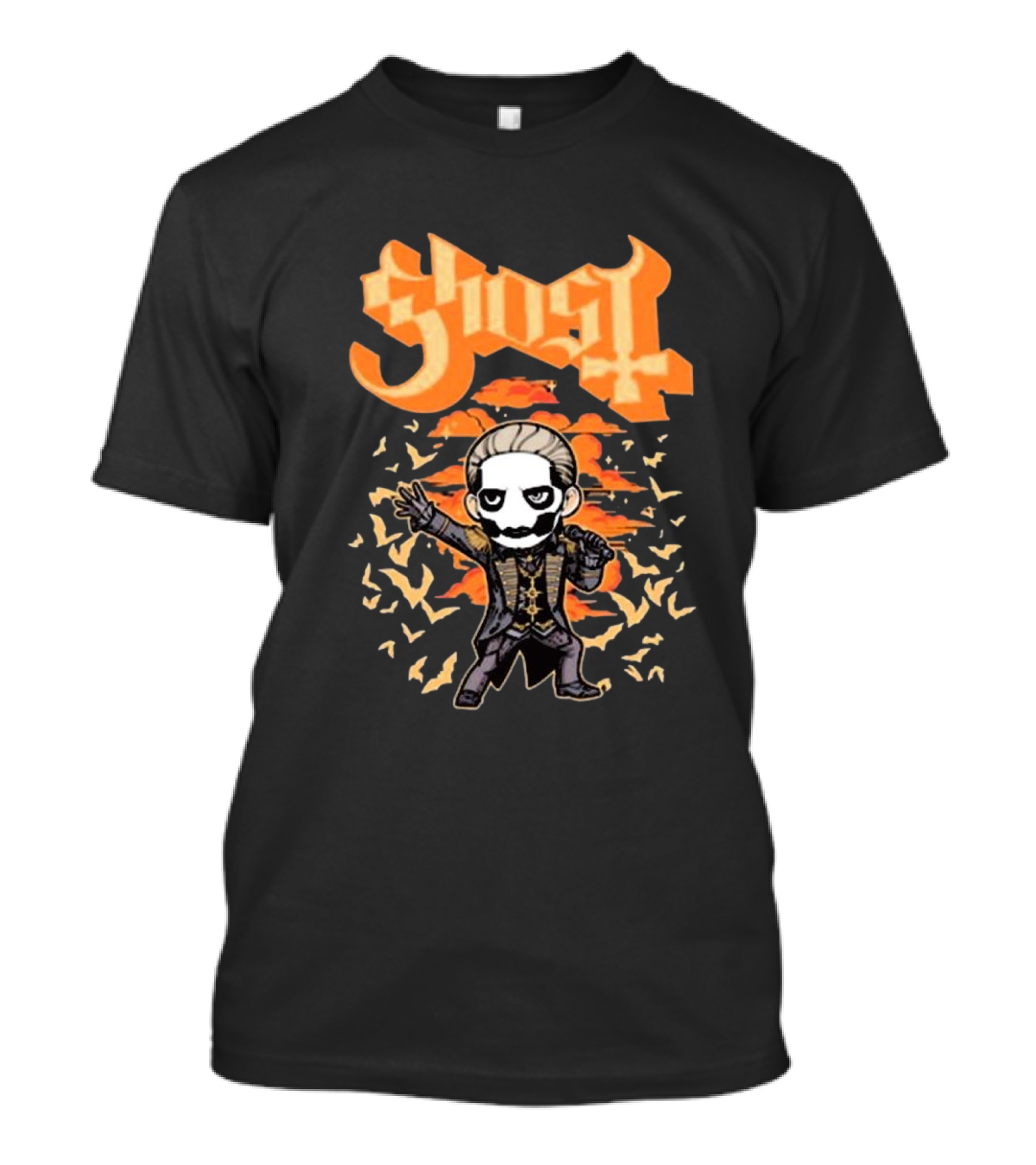 Ghost Band Chibi Style Character With Orange Background And Bats T-Shirt