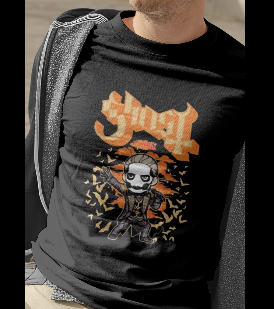 Ghost Band Chibi Style Character With Orange Background And Bats T-Shirt