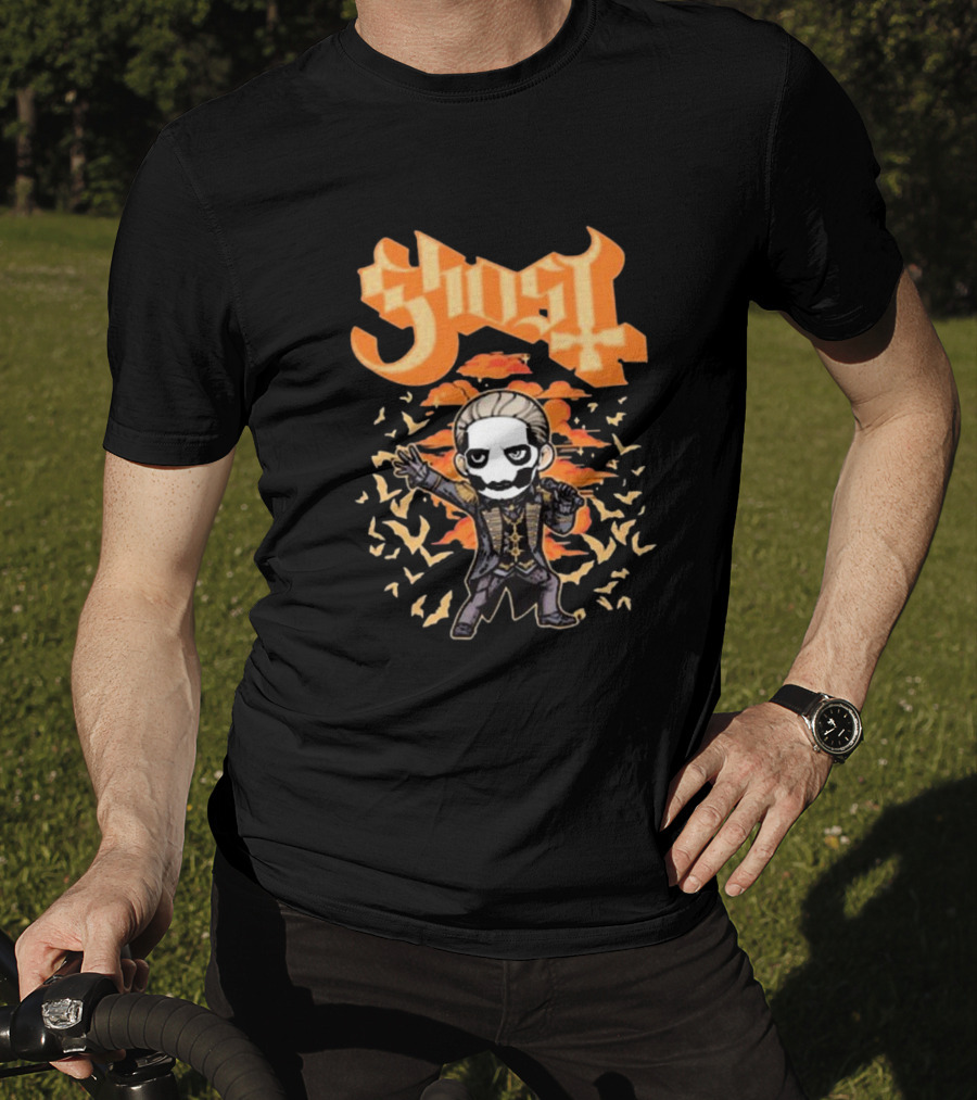 Ghost Band Chibi Style Character With Orange Background And Bats T-Shirt