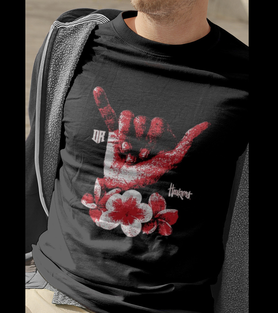 DR Huskers Shaka Hand Red And White Flowers T-Shirt