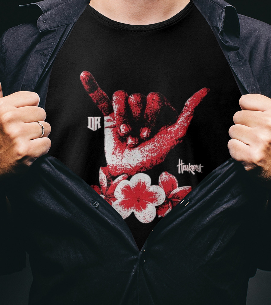 DR Huskers Shaka Hand Red And White Flowers T-Shirt