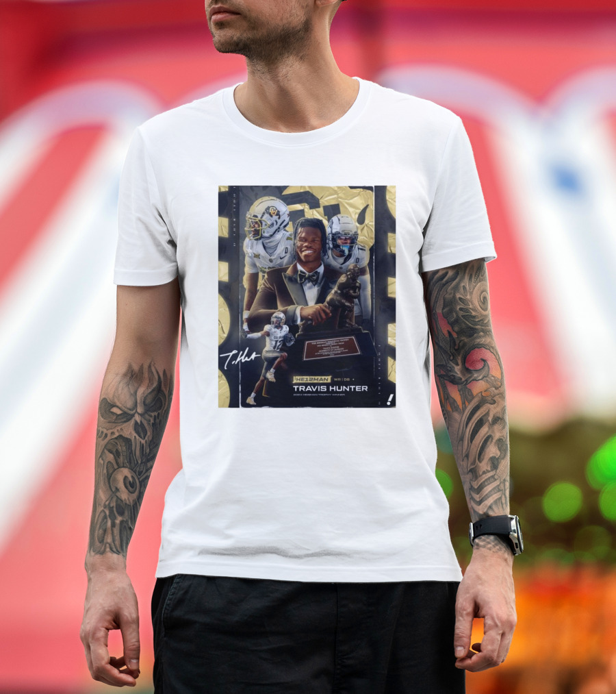 Travis Hunter Colorado Buffaloes 2024 Heisman Trophy Winner WR DB Signature T-Shirt