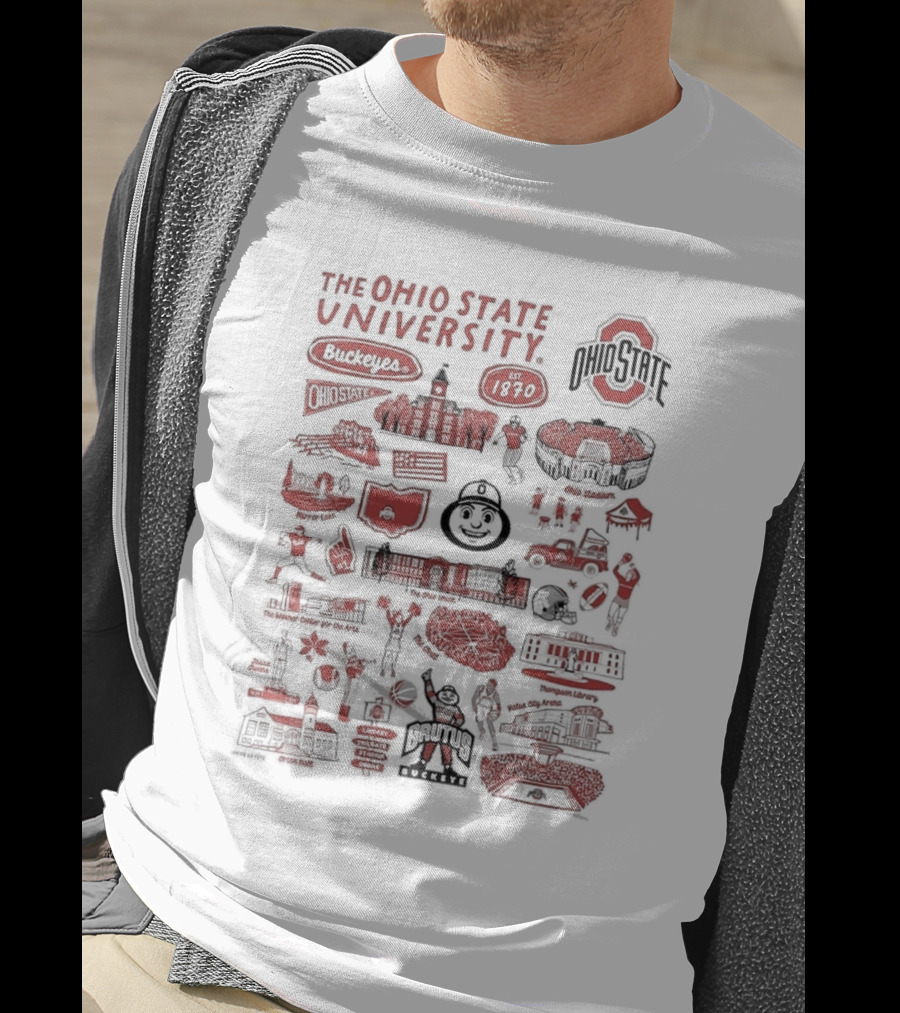 The Ohio State University Buckeyes Brutus Buckeye Est 1870 Scarlet And Gray Landmarks Montage T-Shirt