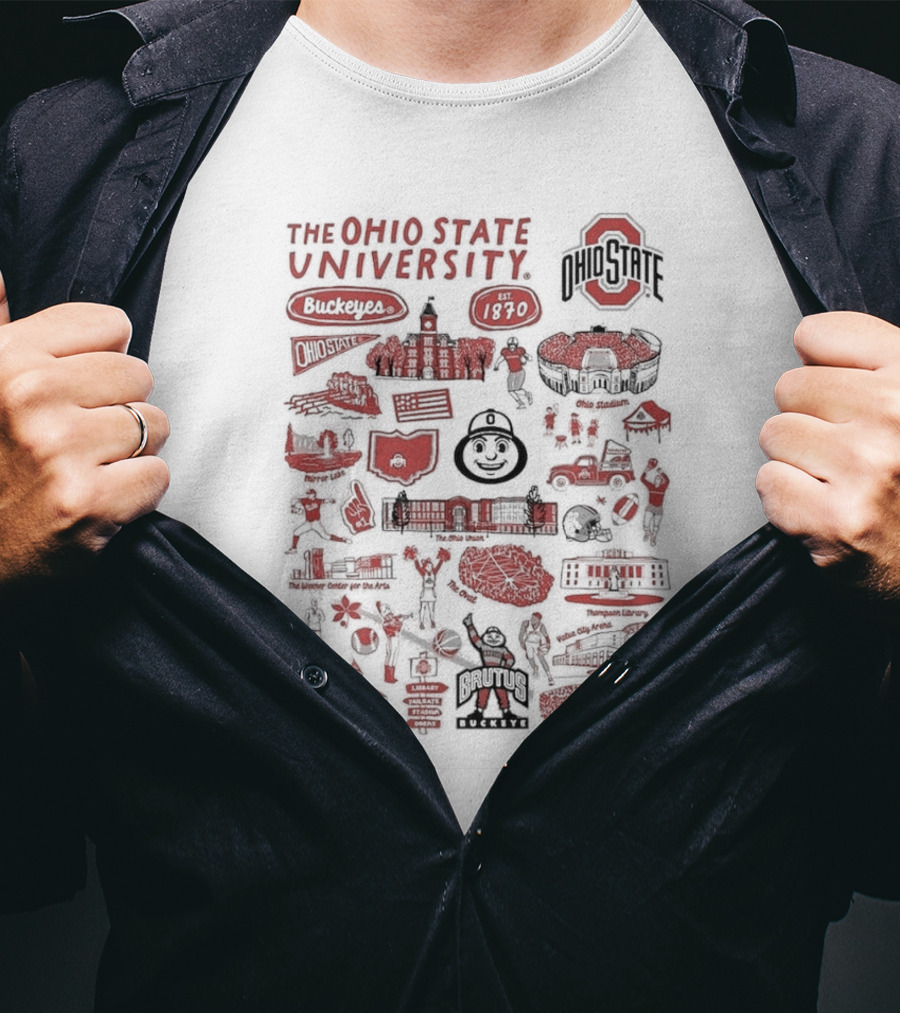 The Ohio State University Buckeyes Brutus Buckeye Est 1870 Scarlet And Gray Landmarks Montage T-Shirt